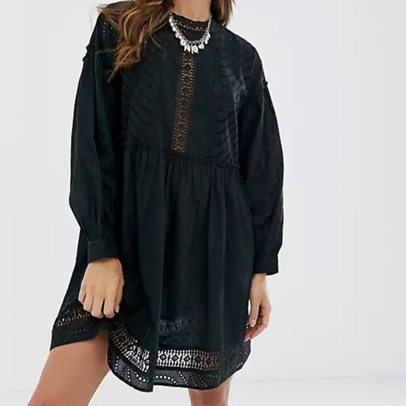 Black textured high neck mini smock dress with lace trim - Picture 2 of 7